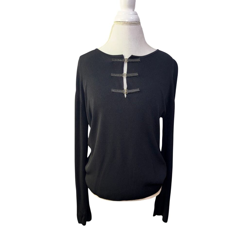 Items By Michelle Nicole Black long sleeve top with Faux leather Buckle Detail
